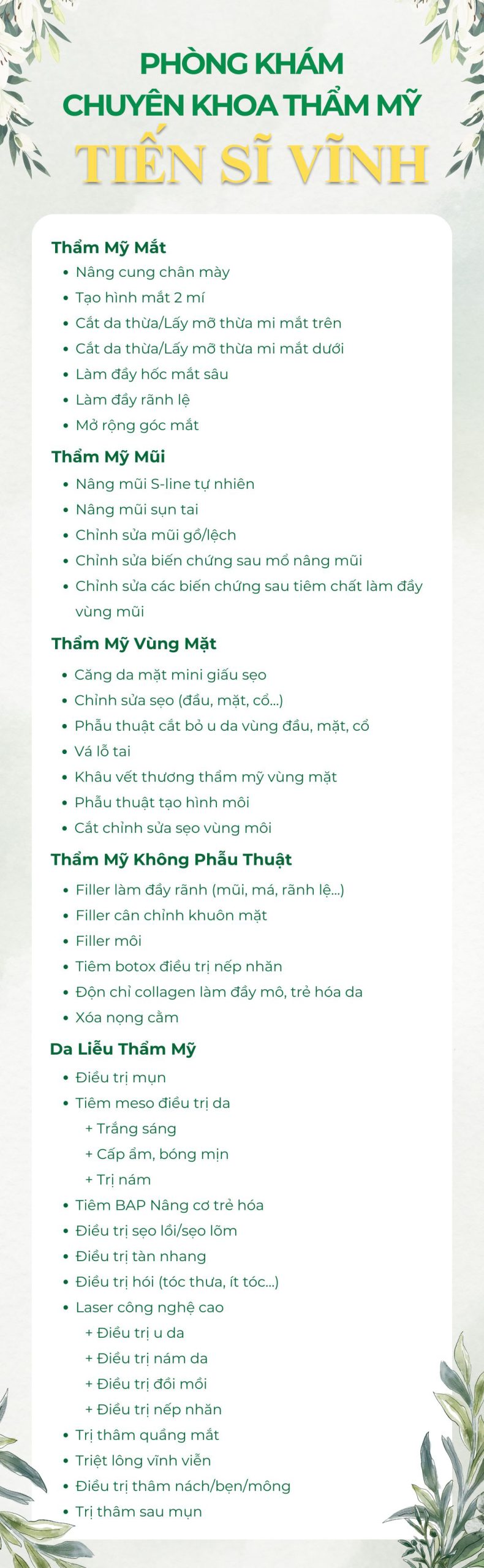 Bảng dịch vụ của bác sĩ Vĩnh Khoa Thẩm mỹ Bệnh viện Chợ Rẫy